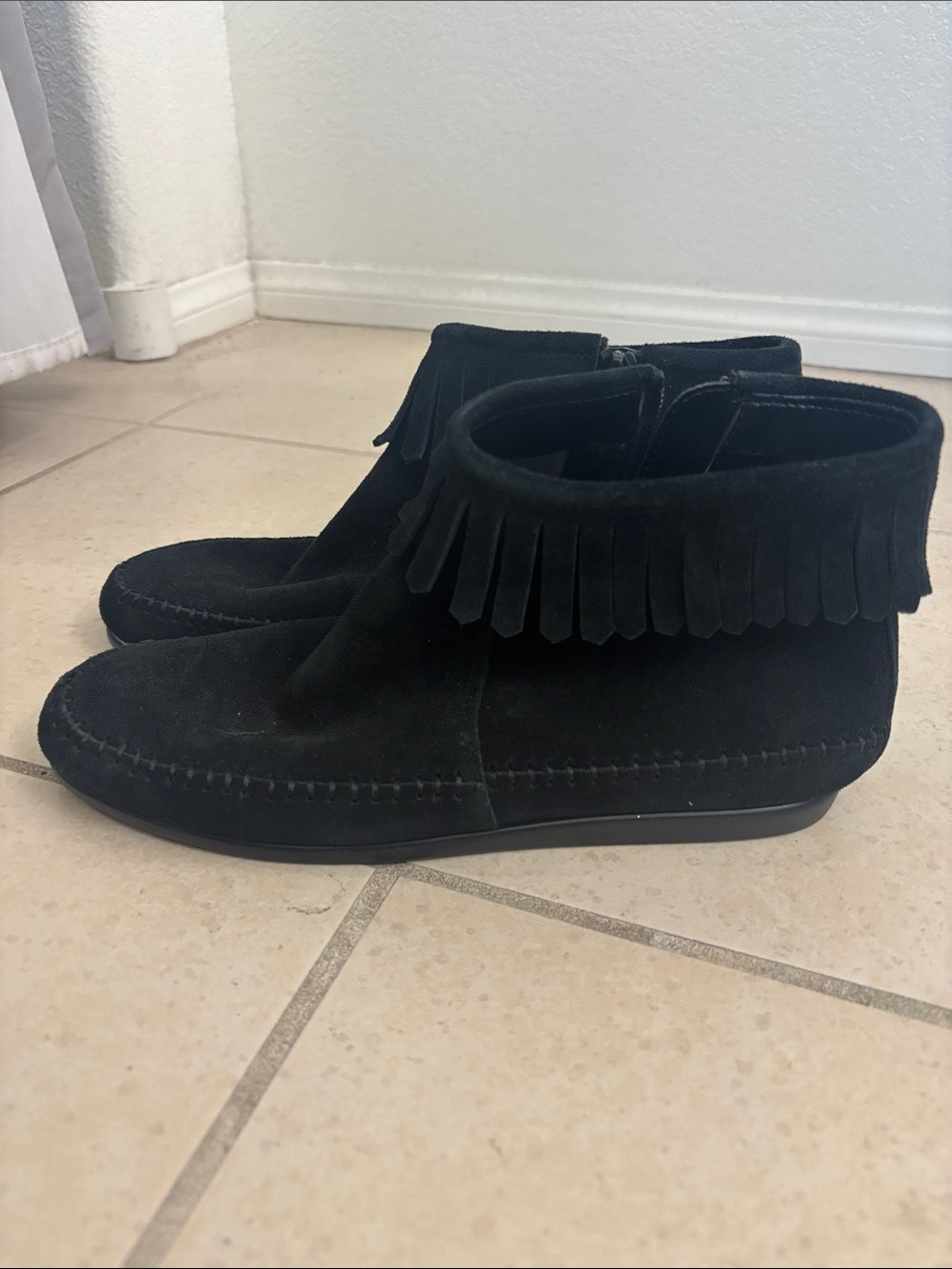 AEROSOLES Black Suede Fringe Moccasin Ankle Boots